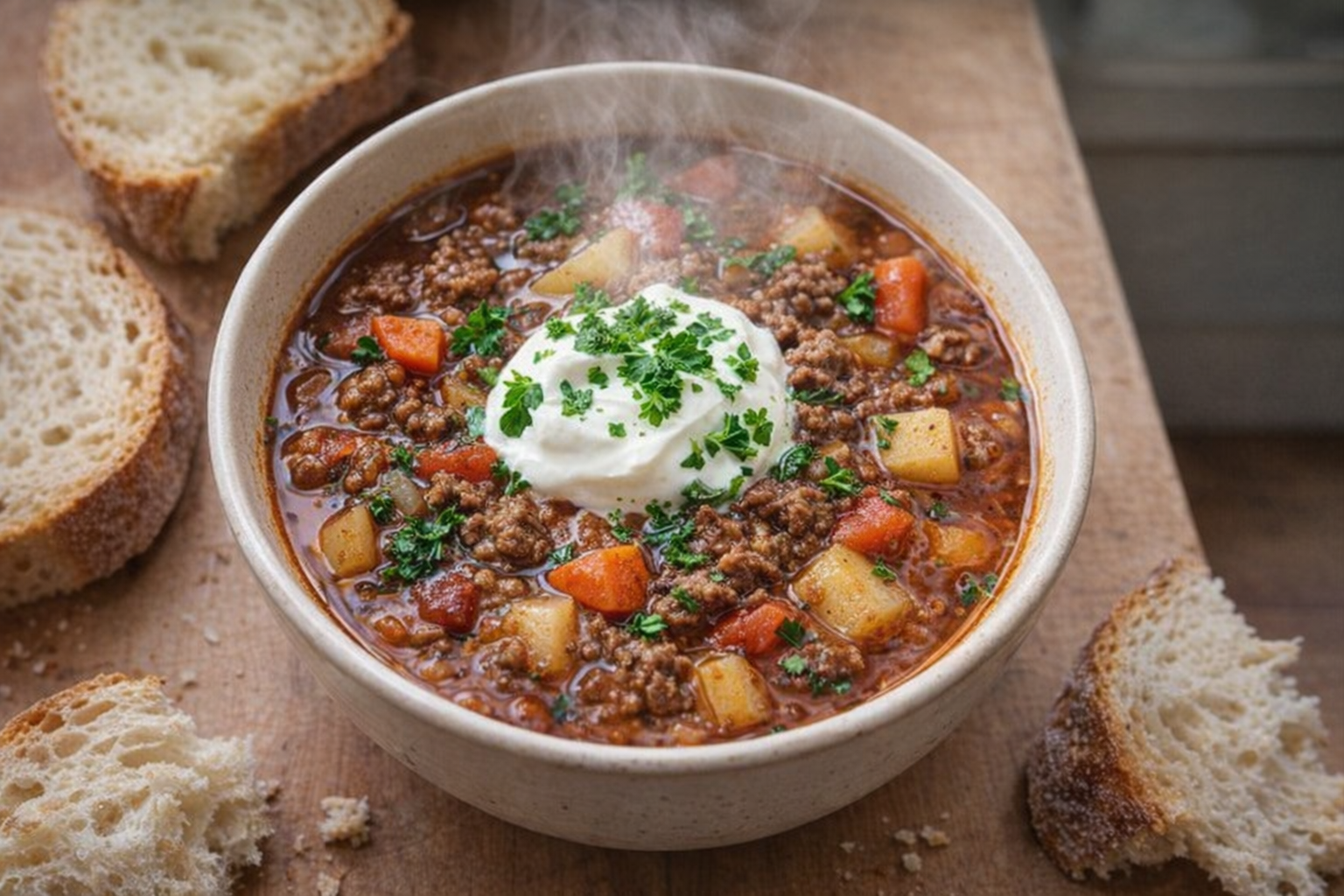 A top-down, brightly lit shot of a bowl of hearty hamburger soup, steam rising, garnished with fresh parsley and a dollop of sour cream, surrounded by crusty bread